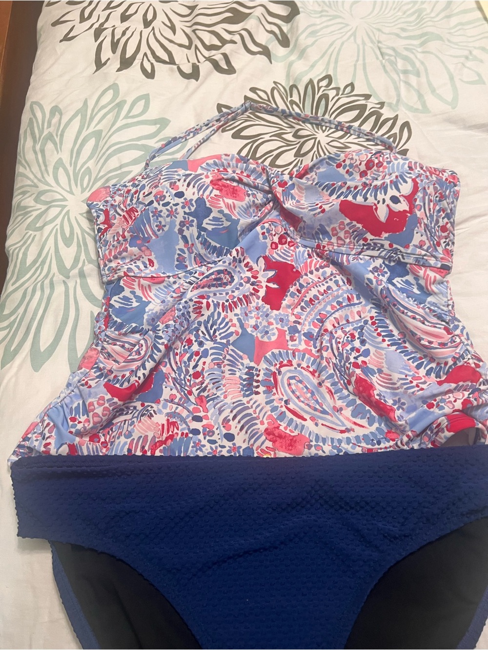Crown & Ivy Pink & Blue Printed Tankini Swim Top with Navy Bottom
